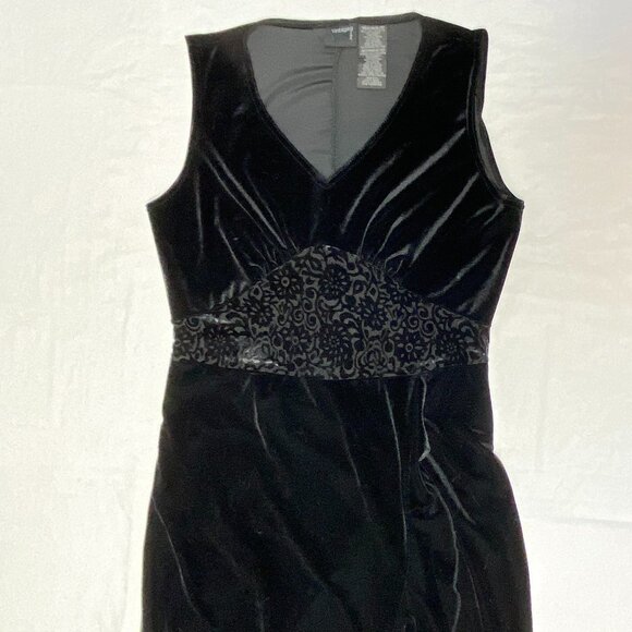 Vintage Studio V Neck Lace Waist Ruffle Hem Wrap Dress M Black Velour Sleeveless - Picture 7 of 12
